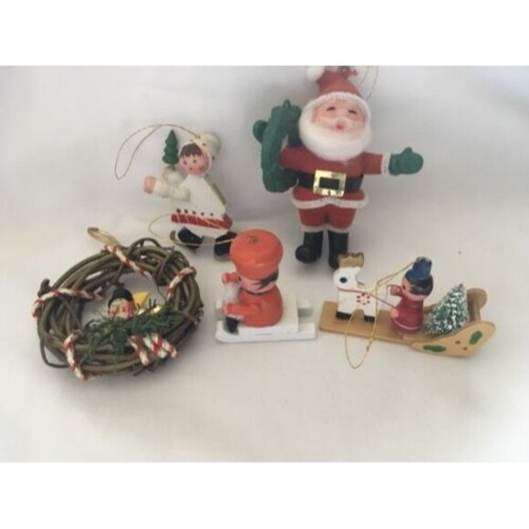Vintage Christmas Decorations Flocked Santa, Wooden Ornaments, Wreath - Picture 1 of 5